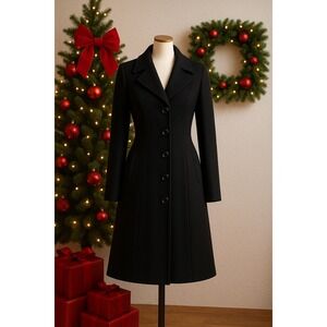 Anne Klein Wool Blend Long Coat Black Button Front Winter Dressy Classic Size 2